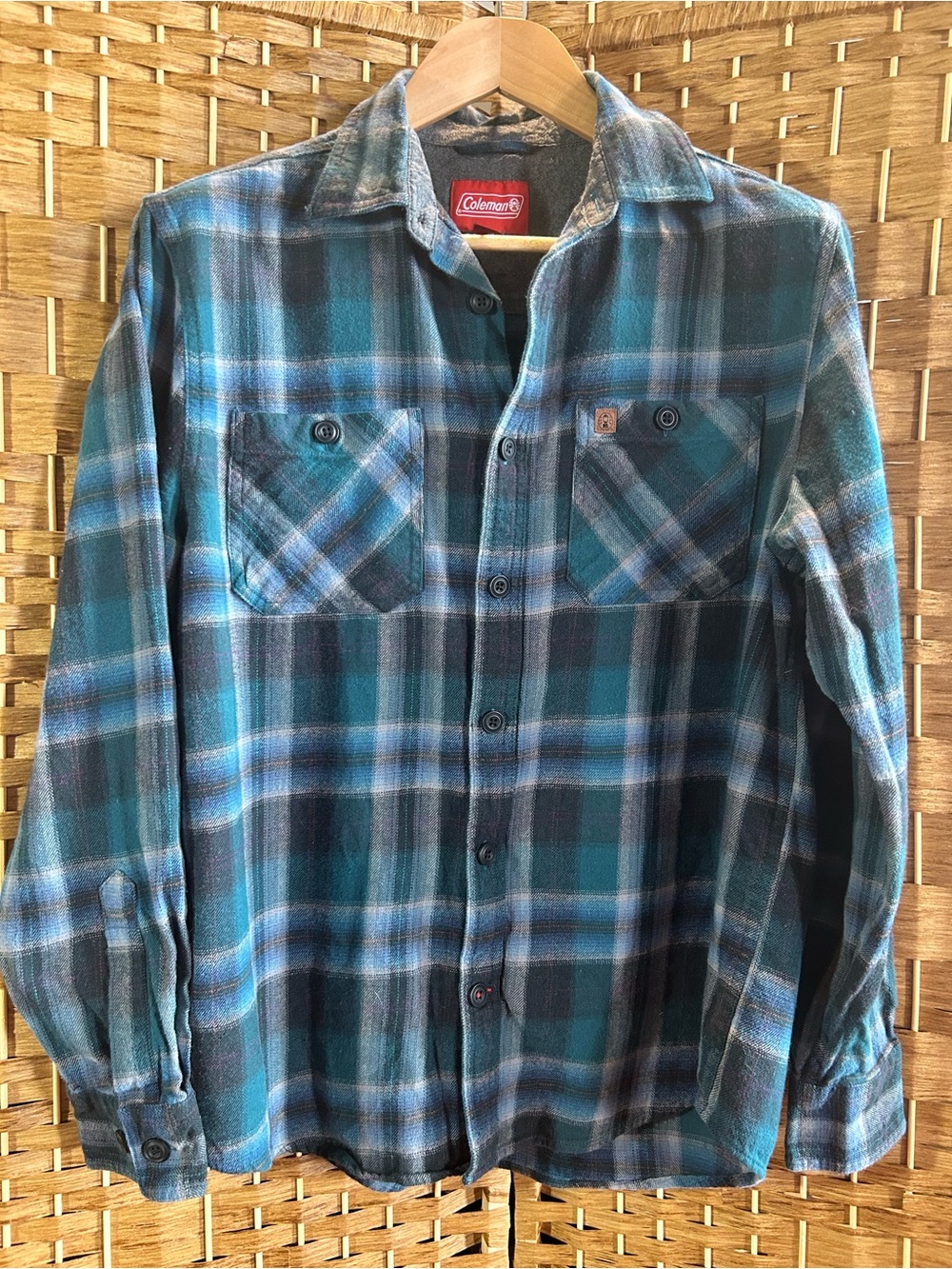 Men’s Teal Blue Plaid Flannel Shirt Cotton Button Front Workwear Medium